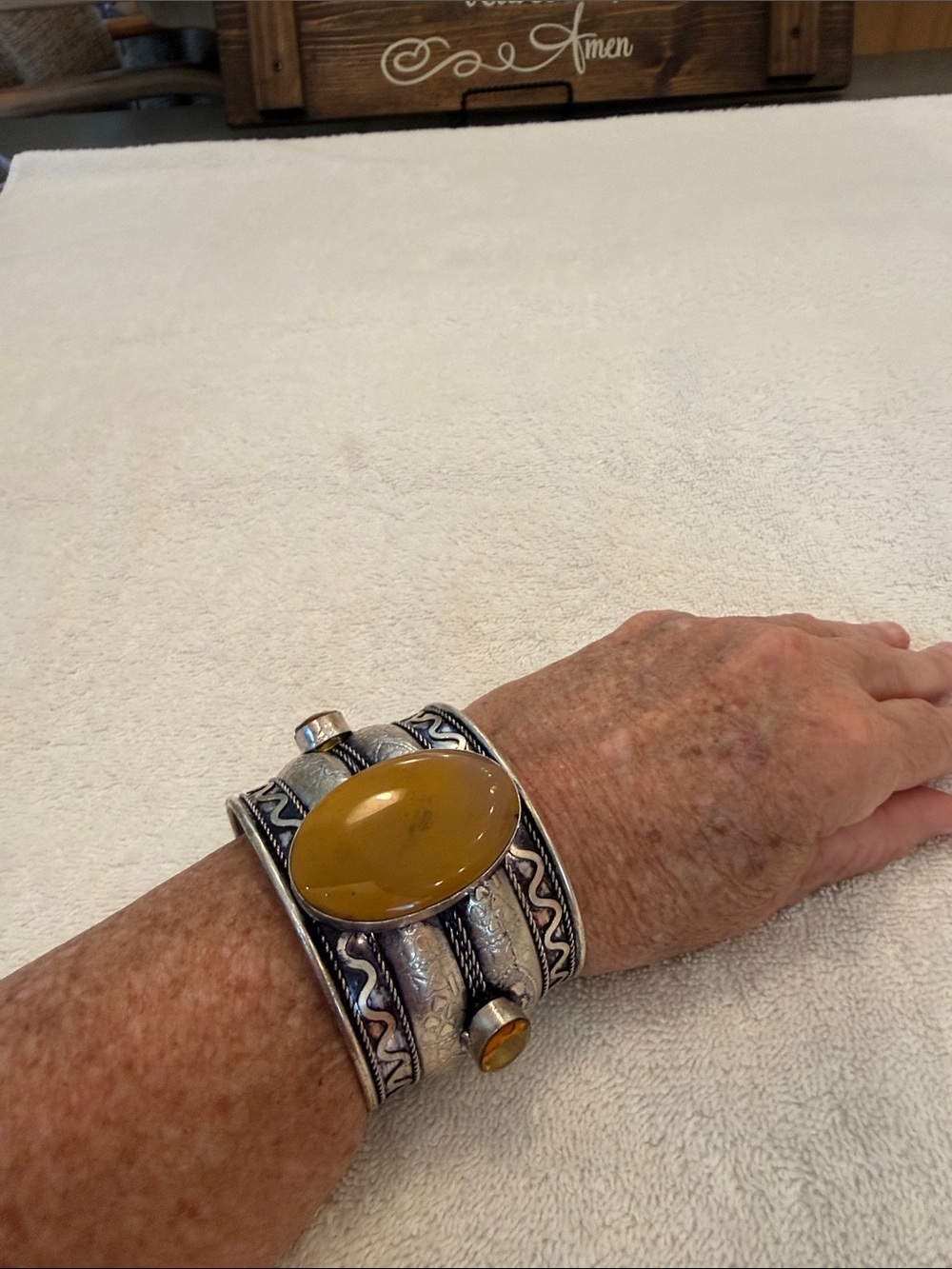 Statement Silver Cuff Bracelet with Oval Amber Stone